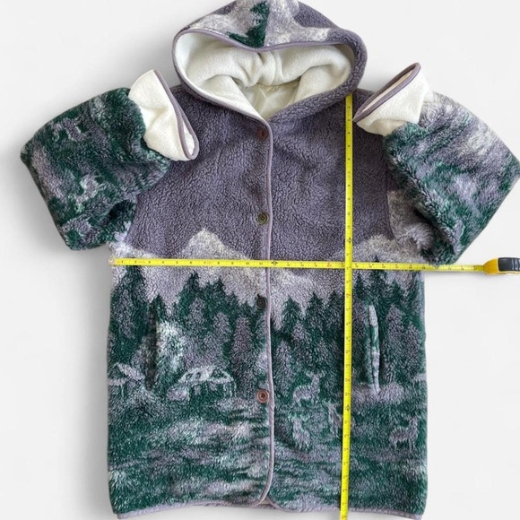 Vintage Basic Editions Fleece Hooded Jacket Forest Deer Cabin Woodland Green M - Picture 5 of 8